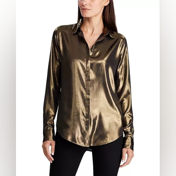 BRAND NEW with tags RALPH LAUREN Metallic Satin Shirt (Gold/Black) Size Large - Picture 3 of 13